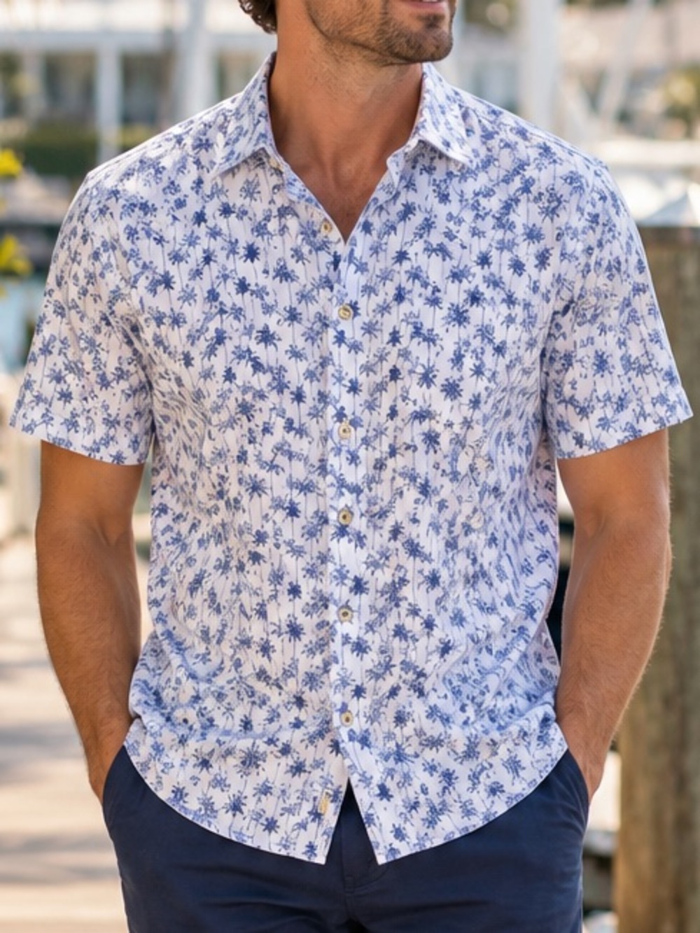 Johnnie-O Mendocino Hangin’ Out Palm Tree Shirt White Blue L